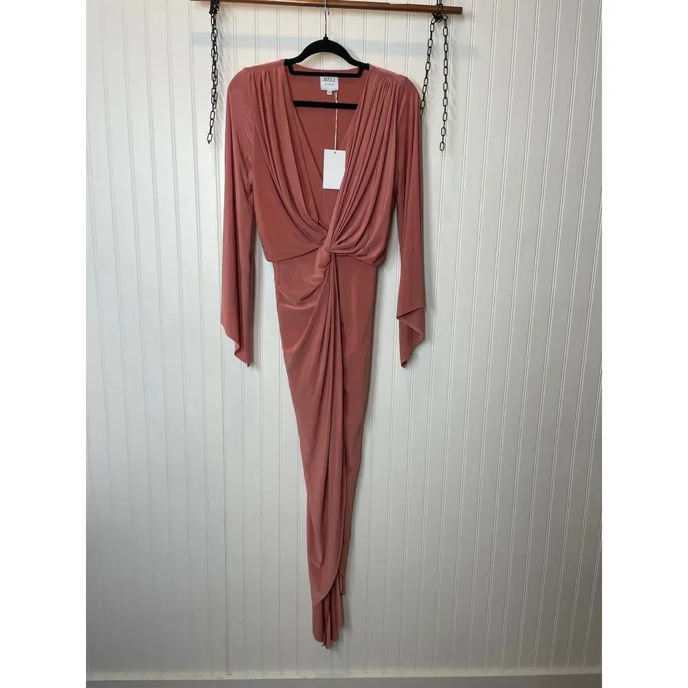 NWT MISA Los Angeles Teget Knot Front Midi Dress Pink Twisted Cocktail Size XS